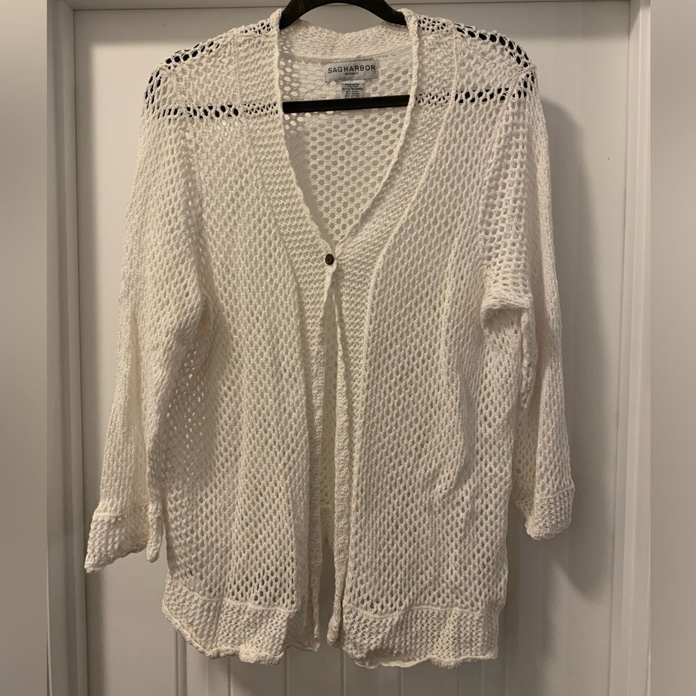 Sag Harbor Women’s Open Knit One Button Closure Sweater Size 1X White